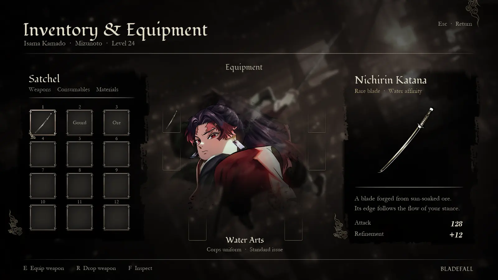 Inventory and equipment, with the Nichirin Katana